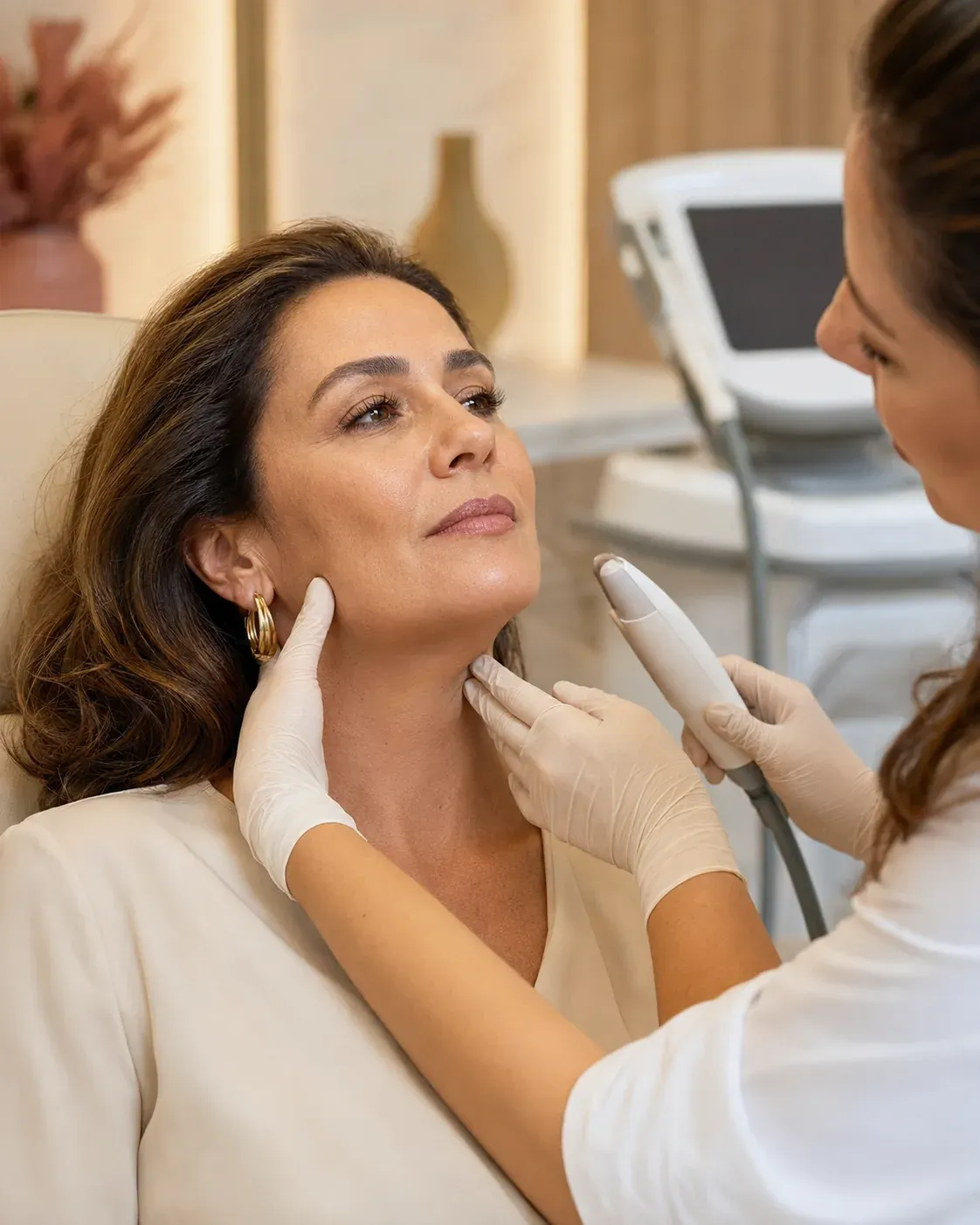 Evaluación profesional del contorno facial antes de un tratamiento con Endoláser Facial VELAS.