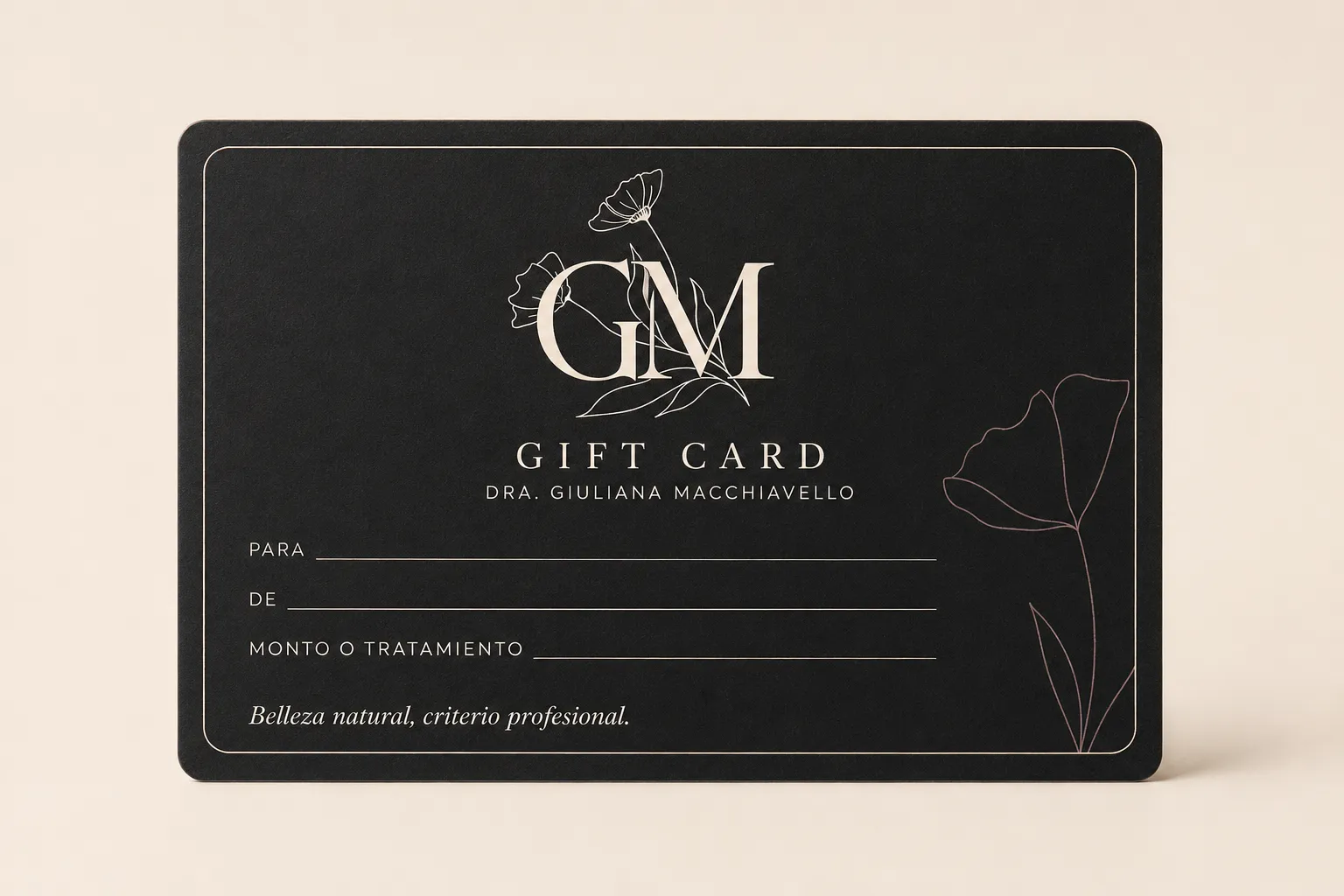 Vista previa de la Gift Card de la Dra. Giuliana Macchiavello, con campos para personalizar.