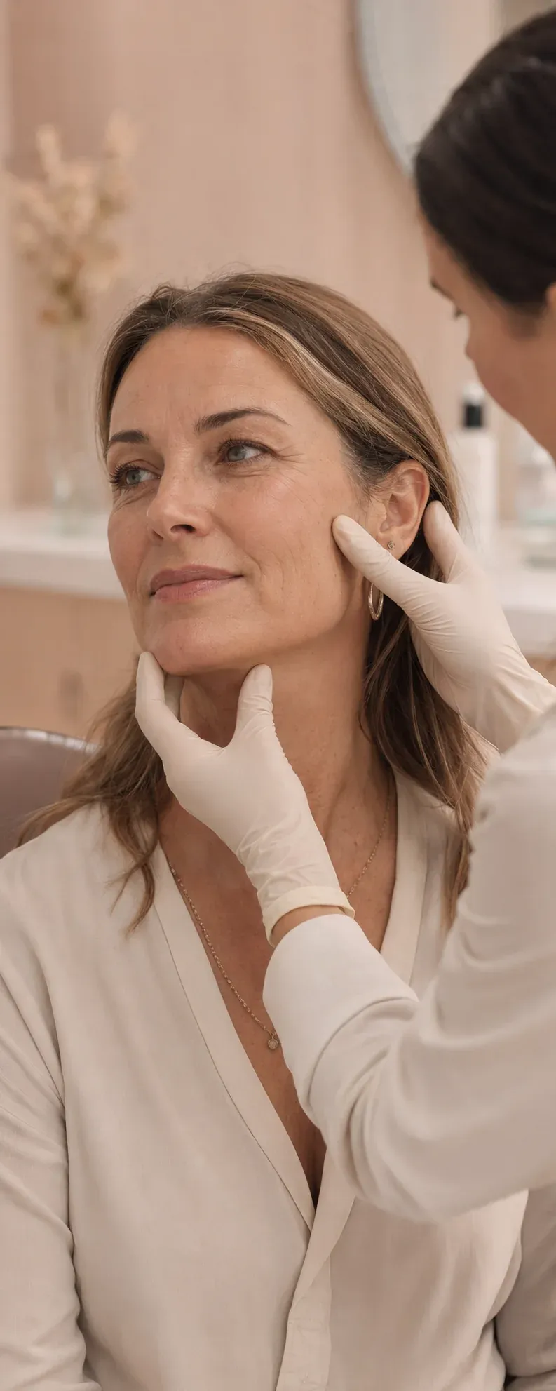 Evaluación profesional del rostro y la firmeza de la piel.