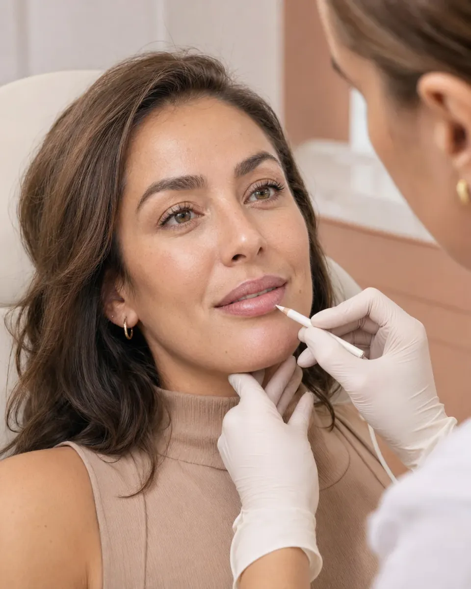 Evaluación profesional de la forma y el contorno de los labios de una paciente.